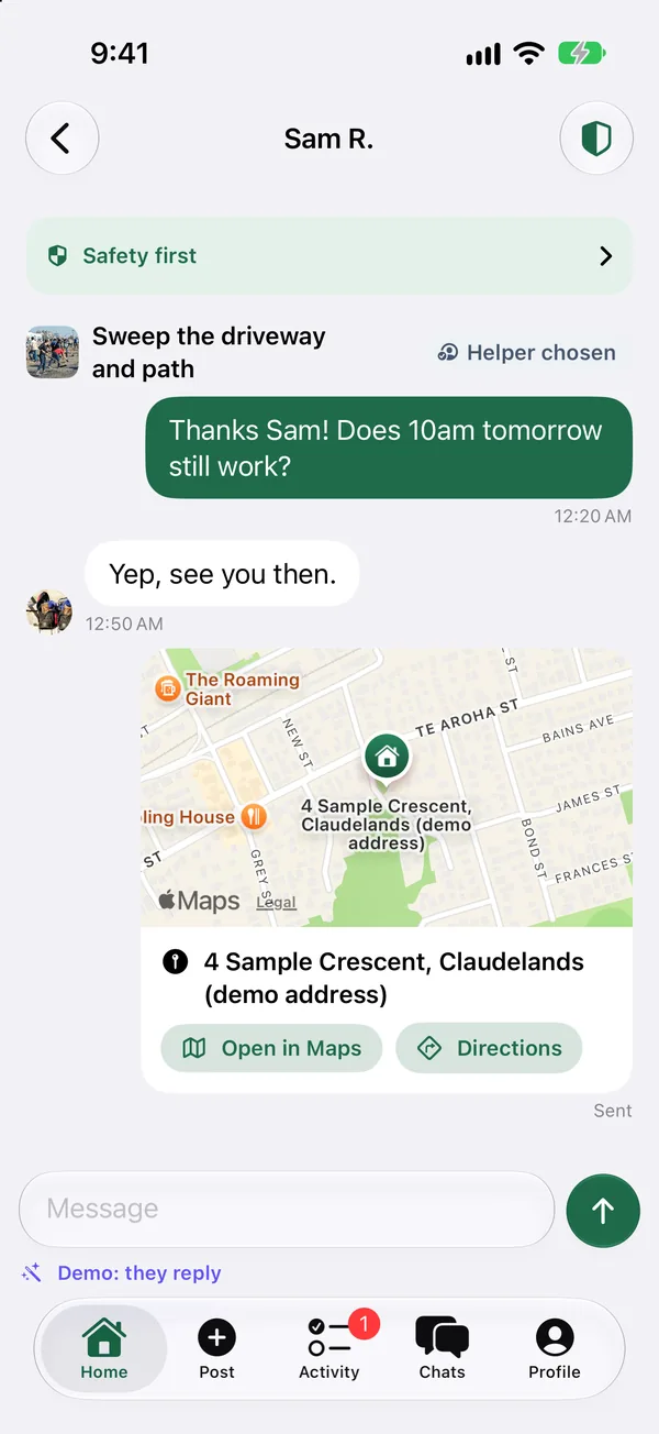 A chat between a poster and a helper in the Pitch In app
