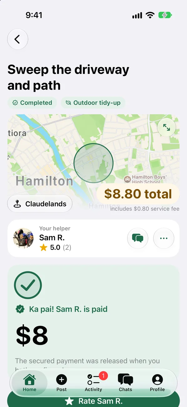 A finished task with the payment released in the Pitch In app