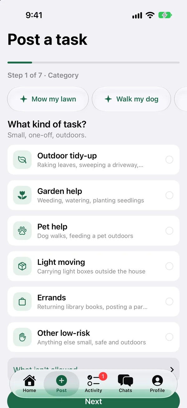The Post a task screen in the Pitch In app